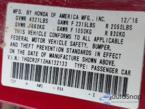 2017 Honda Accord Sport Se from USA, damaged, VIN 1HGCR2F10HA132133